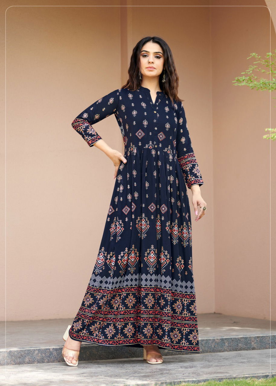 Rangjyot Sehnaaz 501 Rayon Designer Party Wear Long Anarkali Kurti Collection